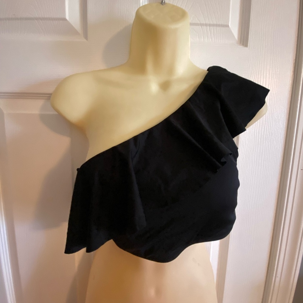 Black One-Shoulder Ruffle Bathing Suit Top & Striped Swim Bottoms